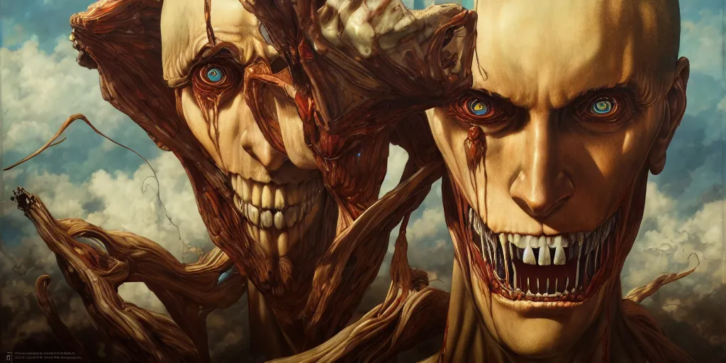 Prompt: a portrait of a 6 0 metre titan from attack on titan by karol bak, james jean, tom bagshaw, rococo, sharp focus, trending on artstation, cinematic lighting, hyper realism, octane render, 8 k, hyper detailed, vivid, ultra detailed, highly detailed