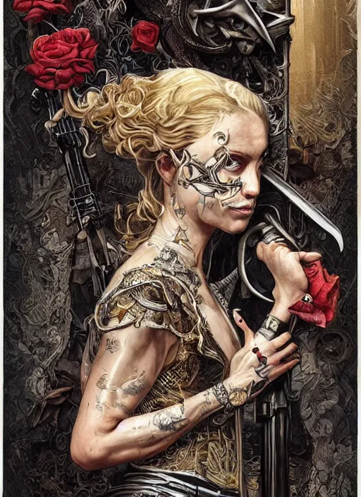 Image similar to tarot card :: horror :: hearts and roses :: gold and silver :: guns and swords :: side profile :: highly details :: intricate details :: Sandra Chevrier and bastien lecouffe deharme