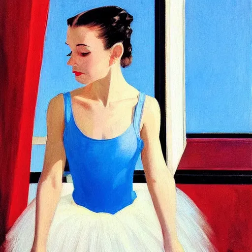 Prompt: artwork portrait painting of a ballet dancer in a black tutu standing in front of a window showing a perfect blue sky by jack vettriano h 6 4 0