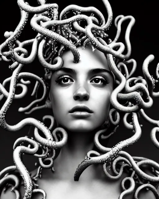 Prompt: surreal mythical dreamy artistic black and white fine art photo of a beautiful young female queen - medusa - cyborg covered with metal fish scales and translucent algae, highly detailed, intricate crystal ivy jelly fish scales ornate, poetic, octane render, 8 k, photo - realistic