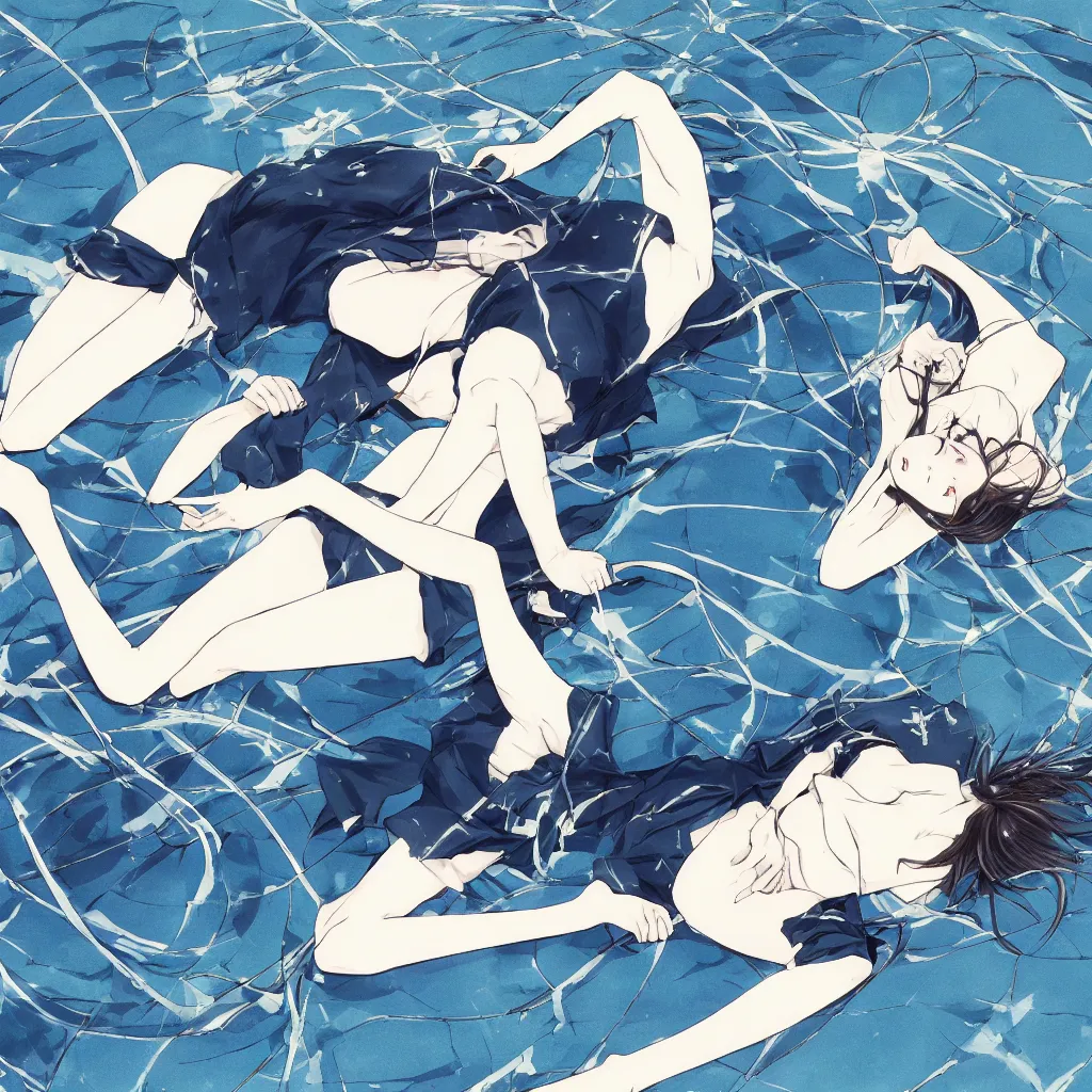 Image similar to high quality illustration of anime girl laying on the floor in an empty white void, drawn by yoshitoshi abe, dystopian, blueish tones