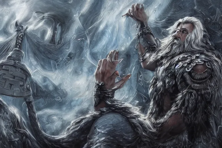 Prompt: mythological Odin all father god of thunder and artificial intelligence creating the first artificial neural network with synapses on an anvil in the ethereal city of valhalla, high resolution, award winning art, trending on art station, sharp image, incredibly detailed, odin all father detailex character