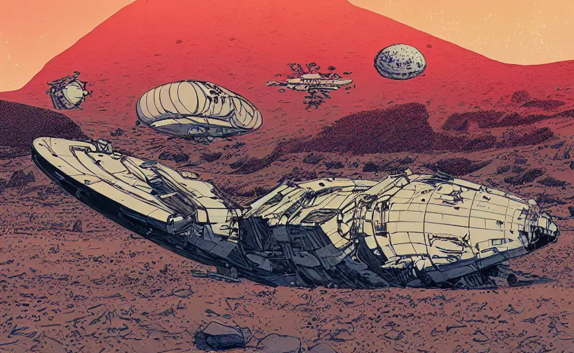 Image similar to very detailed, ilya kuvshinov, mcbess, rutkowski, simon roy, illustration of a giant crashed space ship on a desert planet, wide shot