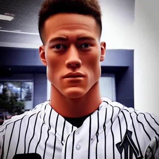 Image similar to “a realistic detailed photo of a guy who is an attractive humanoid who is half robot and half humanoid, who is a male android, baseball player Aaron Judge, shiny skin, posing like a statue, blank stare”