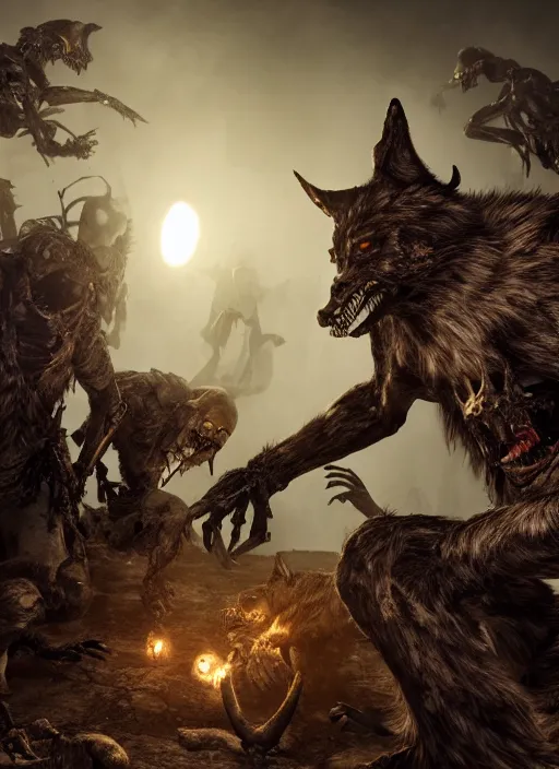 Image similar to werewolf fighting an endless army of skeletons, ultra detailed fantasy, elden ring, realistic, dnd, rpg, game design concept art, behance hd, artstation, deviantart, global illumination radiating a glowing aura global illumination ray tracing hdr render in unreal engine 5