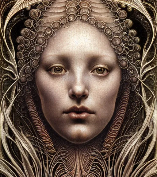 Image similar to detailed realistic beautiful spice goddess face portrait by jean delville, gustave dore, iris van herpen and marco mazzoni, art forms of nature by ernst haeckel, art nouveau, symbolist, visionary, gothic, neo - gothic, pre - raphaelite, fractal lace, intricate alien botanicals, ai biodiversity, surreality, hyperdetailed ultrasharp octane render