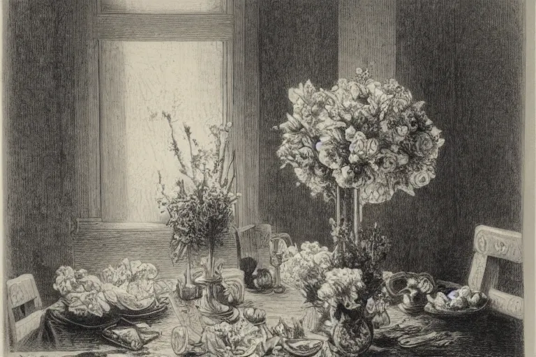 Image similar to black and white, flower bouquet at table in the dinner room, soft light, Gustave Dore lithography