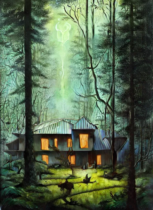 Image similar to hyper realistic witchy modern house with mood lighting and tech in the woods gorgeous lighting, blue sky, highly detailed, lush forest foliage painting by zdzisław beksinski and norman rockwell and greg rutkowski weta studio, and lucasfilm