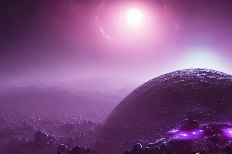 Prompt: A telescope image of an Eldritch Organic Planet of The Void made of eyeballs and tentacles, Purple and Blue colored, 4k, masterpiece, cinematic, glowing, by Greg Rutkowski, Trending on Artstation, Behance. Polished, Planetary, Volumetric Lighting