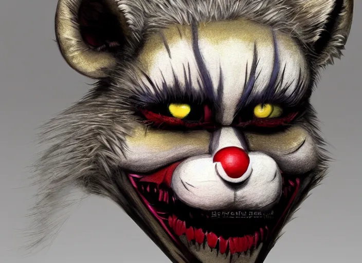 Image similar to award - winning detailed concept art of a creepy clown fnaf animatronic puppet anthropomorphic raccoon character wearing clown makeup face paint. art by wlop on bcy. net, realistic. detailed fur, art by cheng yi. artstationhd, artgerm, 3 dcg, pixar zootopia. 3 d rendering, high quality disney model sheet detailed