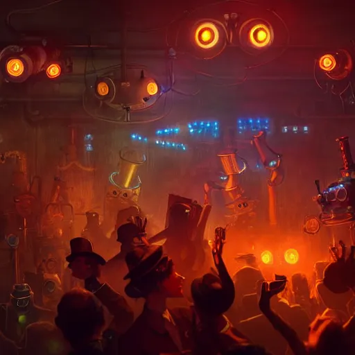 Image similar to steampunk robots dancing at a night club by otto dix and greg rutkowski and andreas rocha, cinematic lighting, warm colours, ultra realistic, unreal engine, trending on artstation, 4 k