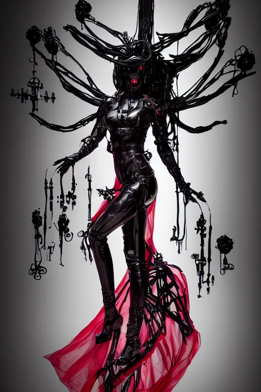 Image similar to full-body cyberpunk style sculpture of a young beautiful dark priestess, half android with a head opening exposing circuitry, glowing red eyes, black roses, flowing blood-red colored silk, fabric, candles, baroque elements, human skull, full-length view. baroque element, intricate artwork by Caravaggio. crows flying in background. Trending on artstation. cinematic lighting from the right, hyper-realism, octane render, 8k, depth of field, 3D