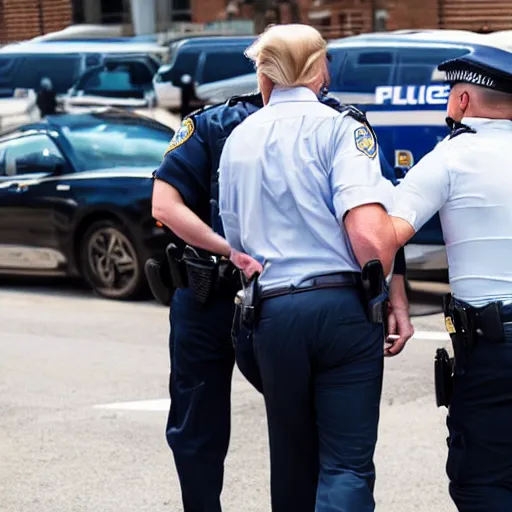 Image similar to candid ap press photo of president trump in handcuffs being arrested by fbi agents, escorting him into a police car, 3 5 mm lens, highly detailed portrait, 4 k uhd, sony camera, f / 2 2