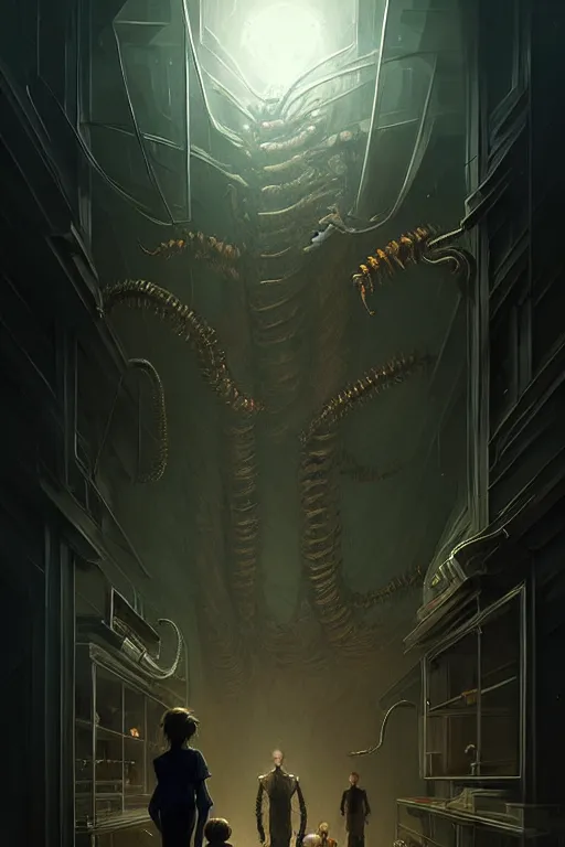 Image similar to professional concept art of a creepy family horrendous mechanical predatory! species in a dark room by artgerm and greg rutkowski. an intricate, elegant, highly detailed digital painting, concept art, smooth, sharp focus, illustration, in the style of cam sykes.