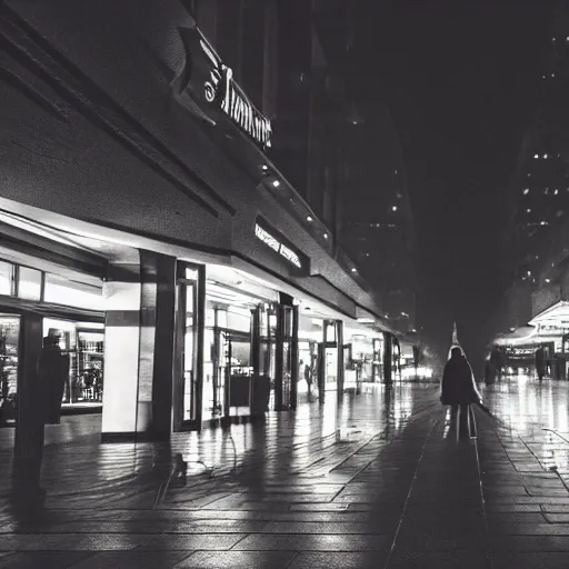 Image similar to a samurai walks alone through a mall at night, gloomy, dark, foggy, night, ominous, dark color, atmospheric, cinematic lighting, intricate detail?