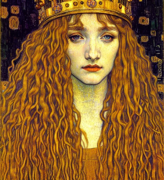 Image similar to detailed realistic beautiful young medieval queen face portrait by jean delville, gustav klimt and vincent van gogh, art nouveau, symbolist, visionary, gothic, pre - raphaelite, muted earthy colors, desaturated