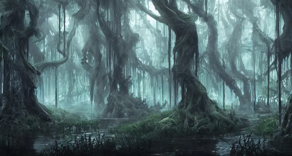 Prompt: A dense and dark enchanted forest with a swamp, by Blizzard Concept Artists
