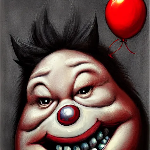 Image similar to surrealism grunge cartoon portrait sketch of chunky with a wide smile and a red balloon by - michael karcz, loony toons style, where the wild things are style, horror theme, detailed, elegant, intricate