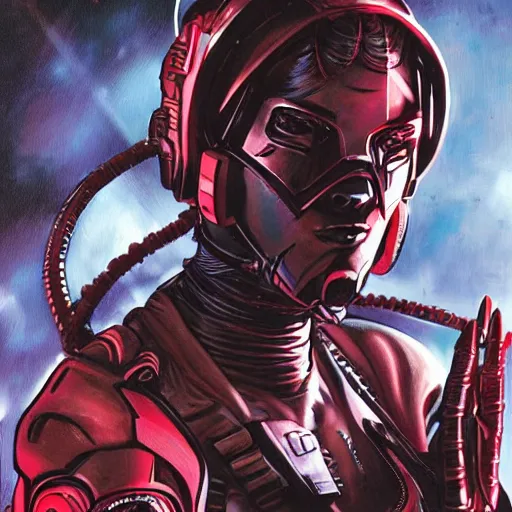 Image similar to A comic book cover of a female cyberpunk mercenary wearing cybernetic sci fi head gear and earpiece with red evil eyes in the style of Marvel Comics, highly detailed, oil on canvas