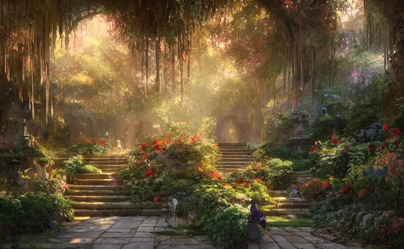 Image similar to Beautiful garden, next to a haven and a mystical palace, intricate, elegant, volumetric lighting, digital painting, highly detailed, artstation, sharp focus, illustration, concept art, ruan jia, steve mccurry