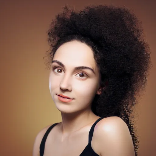 Image similar to portrait of a young lady with curly black hair with, round face, big brown eyes, volumetric lighting,