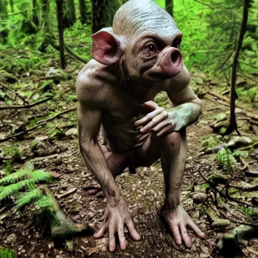 Prompt: gollum with body of a pig, rainy forest , trail cam