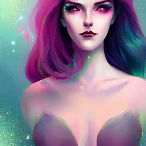 Prompt: portrait of a woman inspired by lois van baarle, charlie bowater, anna dittmann, illustration, iridescent, iridescent hair, face, hair styles, goth makeup, glitter, self confidence, cinematic 8 k