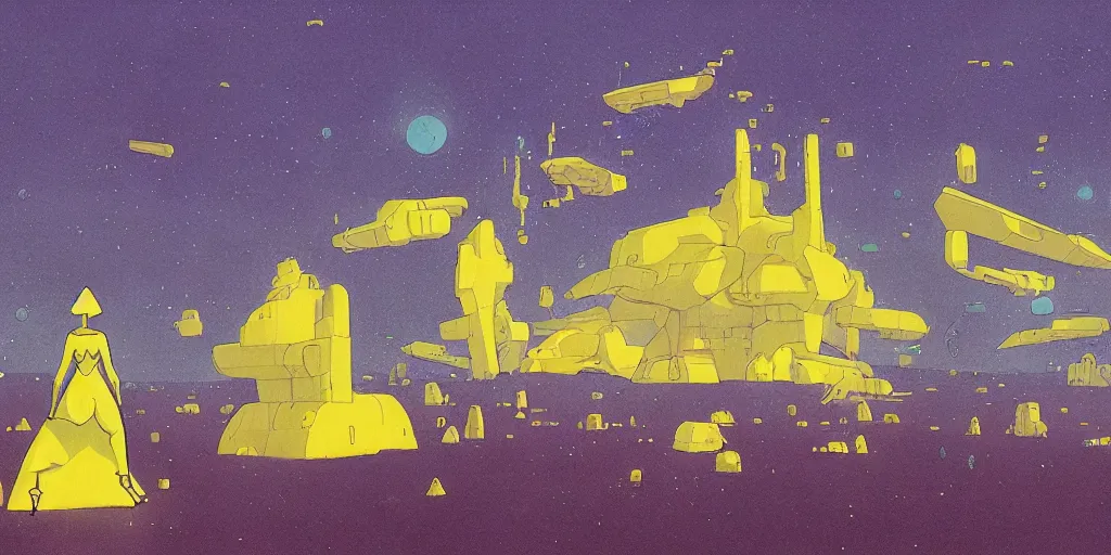Prompt: sci - fi, matte gouache illustration, gigantic woman speaking to floating cats in the air, cubes of ice around, a lot of tears, people crying, ominous, style by moebius. yellow colors
