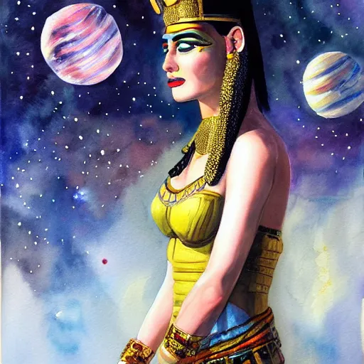 Image similar to cleopatra in space. watercolor. dramatic. amazing painting. formal. beautiful. high resolution. highly realistic. close - up. trending on artstation