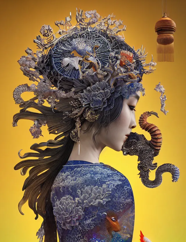 Image similar to 3 d goddess close - up profile portrait with crown, ram skull. beautiful intricately detailed japanese crow kitsune mask and clasical japanese kimono. betta fish, jellyfish phoenix, bio luminescent, plasma, ice, water, wind, creature, artwork by tooth wu and wlop and beeple and greg rutkowski