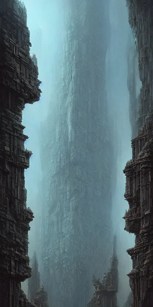 Image similar to landscape, infinite fractal column of stone, cyberpunk, sci fi, horror, monstrous, jewellery, highly detailed, complex, intricate, baroque, matte painting, cinematic, by rhads and mohrbacher and zdzislaw beksinski,