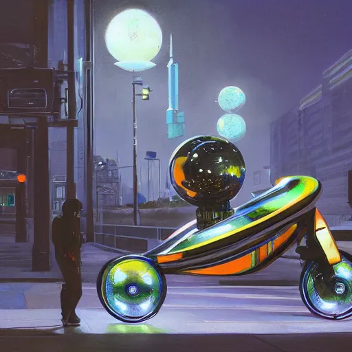 Prompt: painting of syd mead artlilery scifi hover bike with ornate metal work lands on a sidewalk, filigree ornaments, volumetric lights, simon stalenhag