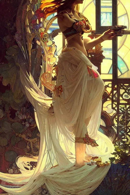 Prompt: A goddess playing video game, fantasy, painting by greg rutkowski and alphonse mucha