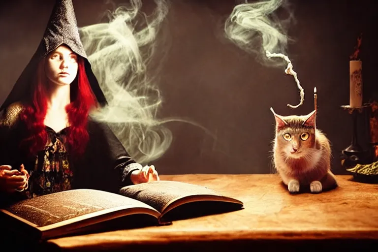 Image similar to close up portrait, dramatic lighting, teen alice witch casting a spell over a large open book on a table with,, cat on the table in front of her, sage smoke, a witch hat cloak, apothecary shelves in the background, still from tim burton movie