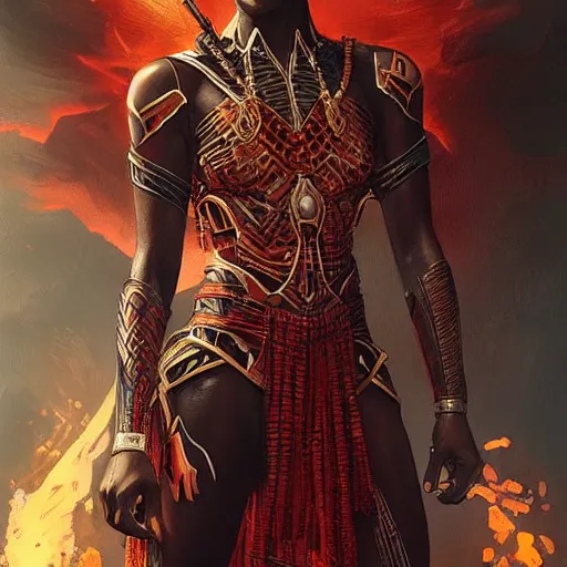 Image similar to a wakandan warrior wearing a fiery flamng armor, ultra realistic, concept art, intricate details, eerie, horror, highly detailed, photorealistic, octane render, 8 k, unreal engine. art by artgerm and greg rutkowski and alphonse mucha