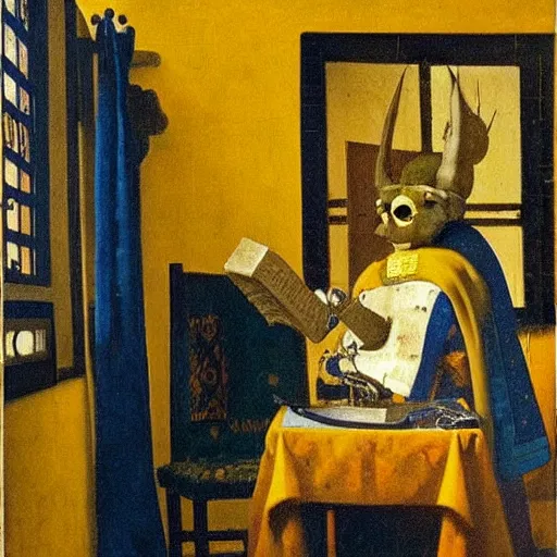 Prompt: a robot reading a book by johannes vermeer