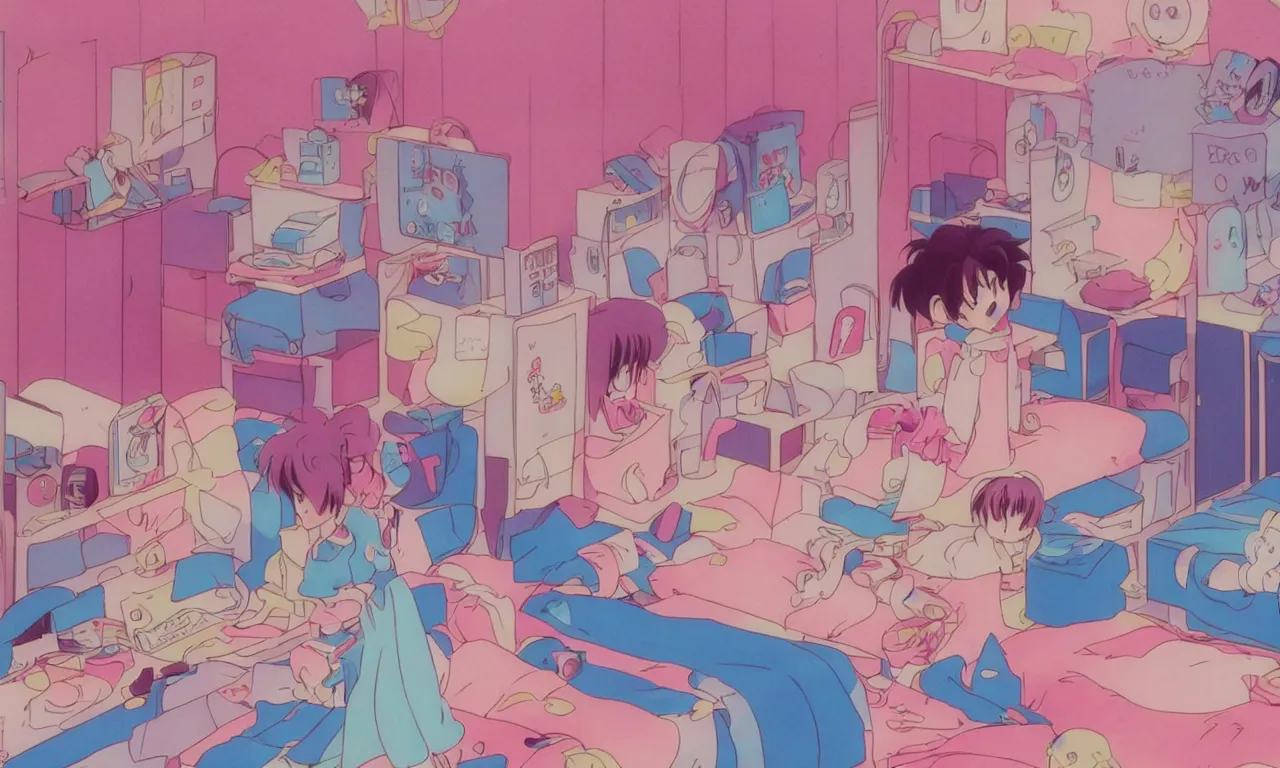 Prompt: A cute aesthetic still frame from an 80's or 90's anime bedroom