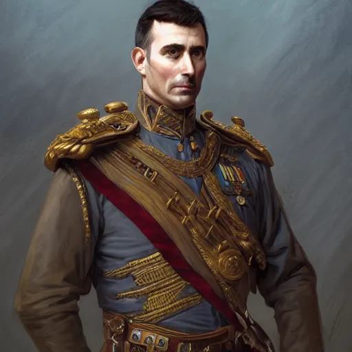 Prompt: portrait of stoic king john oliver, full body, military uniform, muscular, fantasy, intricate, elegant, beautiful, highly detailed, centered, dark, smokey, digital painting, artstation, concept art, smooth, sharp focus, illustration, art by artgerm and greg rutkowski and alphonse mucha