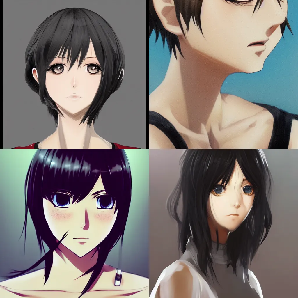 Prompt: A close-up portrait of a beautiful anime girl by Huke, shoulder length straight black hair with bob cut, freckles, concept art, soft lighting, trending on artstation