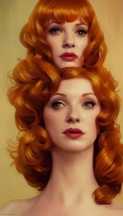 Image similar to Angel, perfectly-centered-painting of young Christina Hendricks in Mad Men looking at the camera, hands behind her back, sweaty, dynamic action pose, insane, intricate, highly detailed, digital painting, artstation, concept art, smooth, sharp focus, illustration, Unreal Engine 5, 8K, art by artgerm and greg rutkowski and alphonse mucha