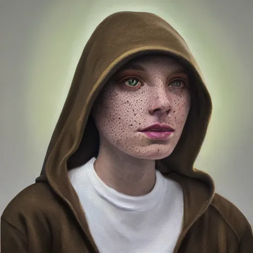 Image similar to woman with freckles, 1 8 0 pounds, short brown hair, green eyes, wearing a grey hooded sweatshirt, trending on artstation, oil painting, volumetric light