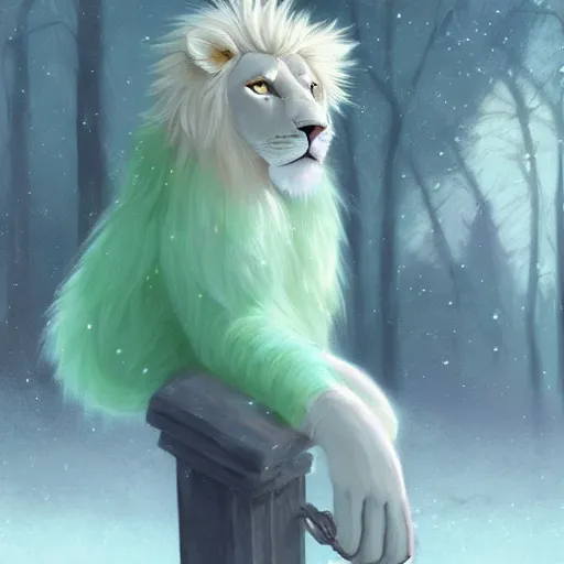 Prompt: aesthetic portrait commission of a albino male furry anthro lion wearing a cute mint colored cozy soft pastel winter outfit, winter Atmosphere. Character design by charlie bowater, ross tran, artgerm, and makoto shinkai, detailed, inked, western comic book art, 2021 award winning painting