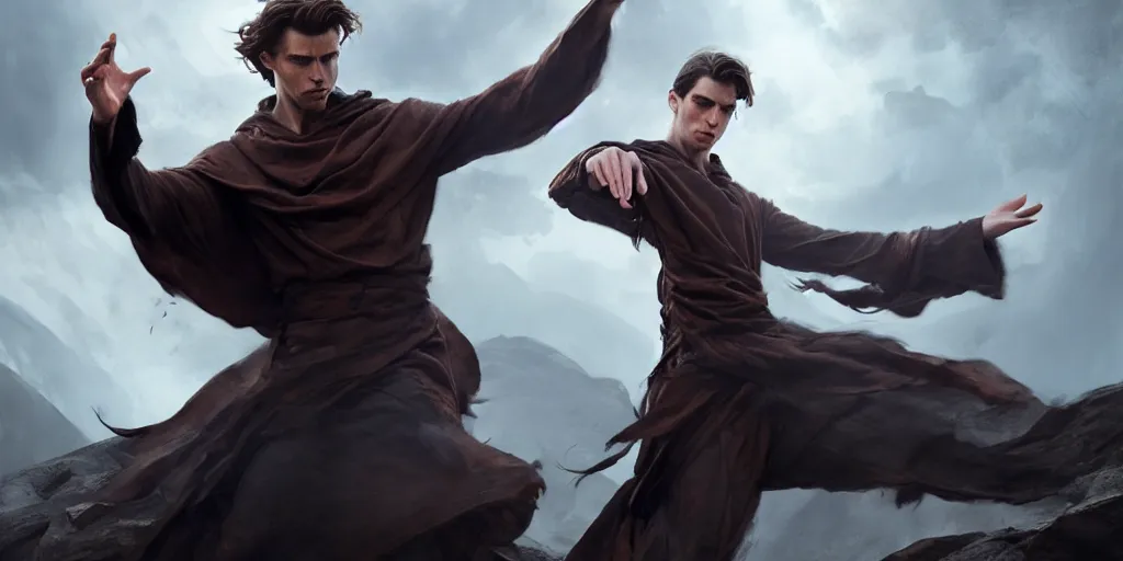 Image similar to dramatic scene of a handsome caucasian male sorcerer with brown hair, he is casting a spell that is emanating from his hands, action pose, medium shot, waist up, epic composition, post processing, concept art, by greg rutkowski