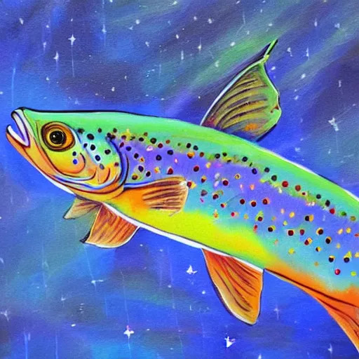 Image similar to a painting of a trout swimming in outer space, naushadarts