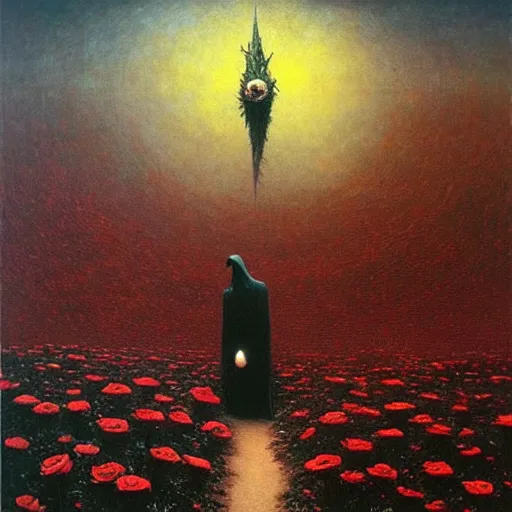 Image similar to the dark tower in a field of roses, surrealism, cosmic western, masterpiece oil painting, beksinski, barlowe