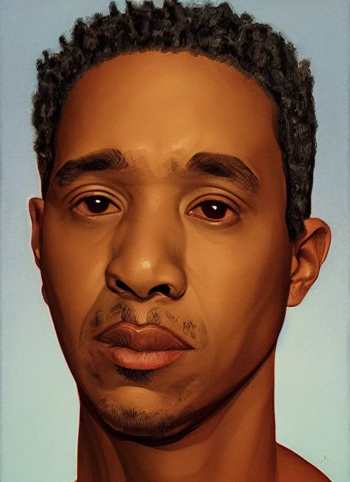 Prompt: a portrait painting of Q-Tip from A Tribe Called Quest by John Currin