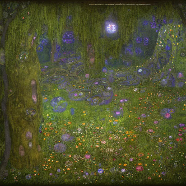 Image similar to ancient overgrown! ruins, medieval gates, runestones!, mysetrious etherial mesmerizing runic!!!, catlike, magical elven geometry, concept art by gustav klimt!, deviantart contest winner, environmental art, indigo flower meadow, fairy circles, lit by moonlight!!, high detail, intricate masterpiece
