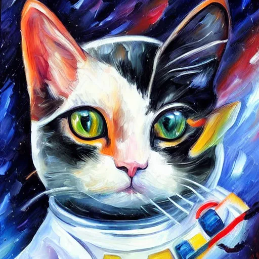 Prompt: portrait painting of a black and white cat as an astronaut by Leonid Afremov