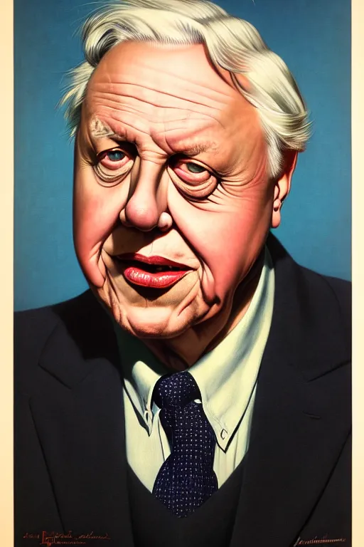 Image similar to david attenborough by gil elvgren and norman rockwell and rob gonsalves and hajime sorayama, hyperrealistic, high detail, ultra detailed, highly detailed face, ruffled fabric