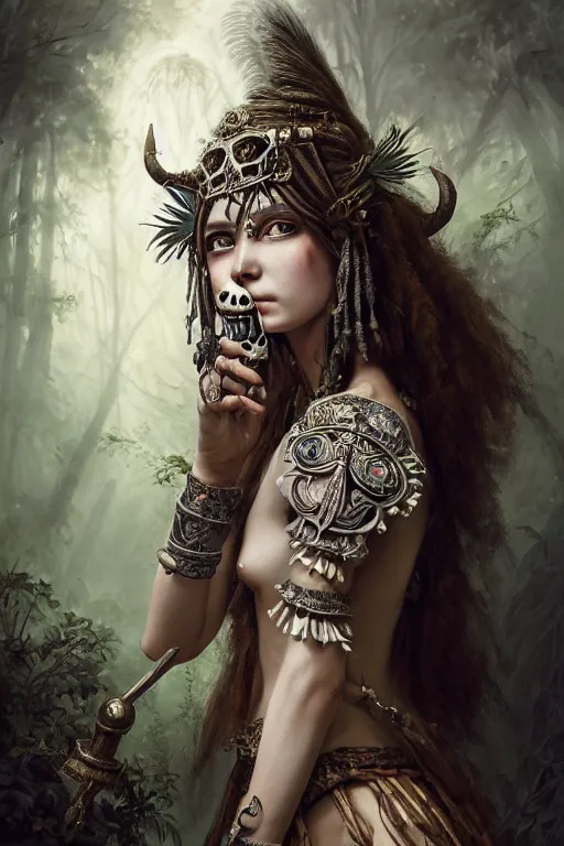 Image similar to A masterpiece ultrarealistic portrait of a Irristible angel princess tribal-shaman-knight-witch-ghost with Skull Iron mask. baroque renaissance girl in the night forest. medium shot, intricate, elegant, highly detailed. trending on artstation, digital art, by Stanley Artgerm Lau, WLOP, Rossdraws, James Jean, Andrei Riabovitchev, Marc Simonetti, Yoshitaka Amano. background by James Jean and Gustav Klimt, light by Julie Bell, 4k, porcelain skin.